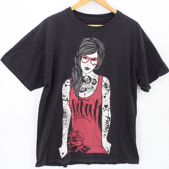 Vintage Fatal Shirt Mens Black Short Sleeve Lady Tattoos Logo Graphic Cotton L - Picture 1 of 8